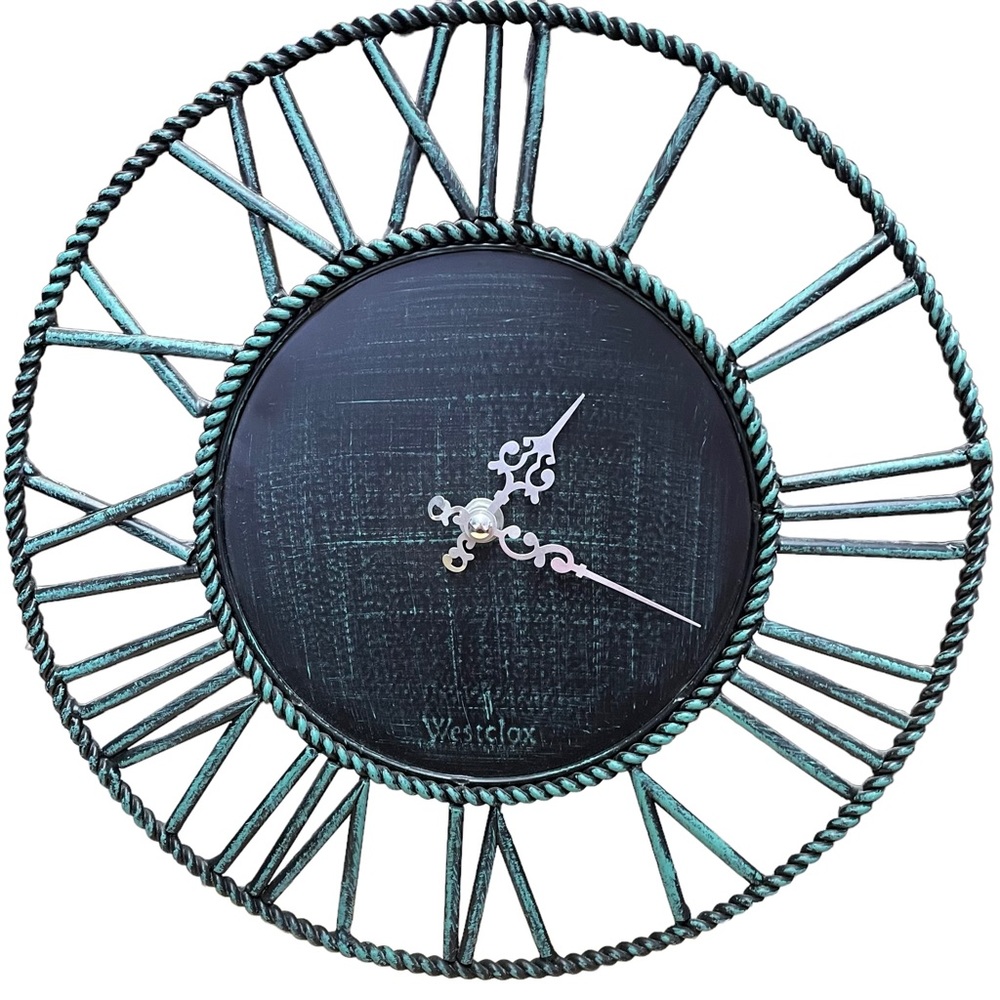 WESTCLOX Wrought Iron Wall Clock Battery Operated Round Roman Numerals Green